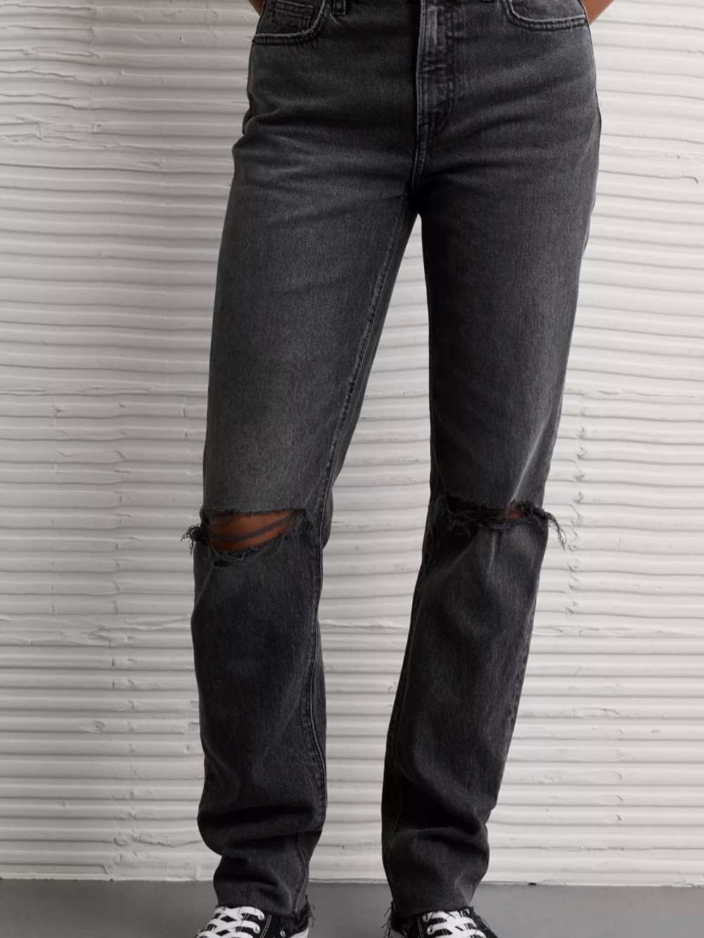 High Rise Stretchy Black Distressed straight leg jeans
